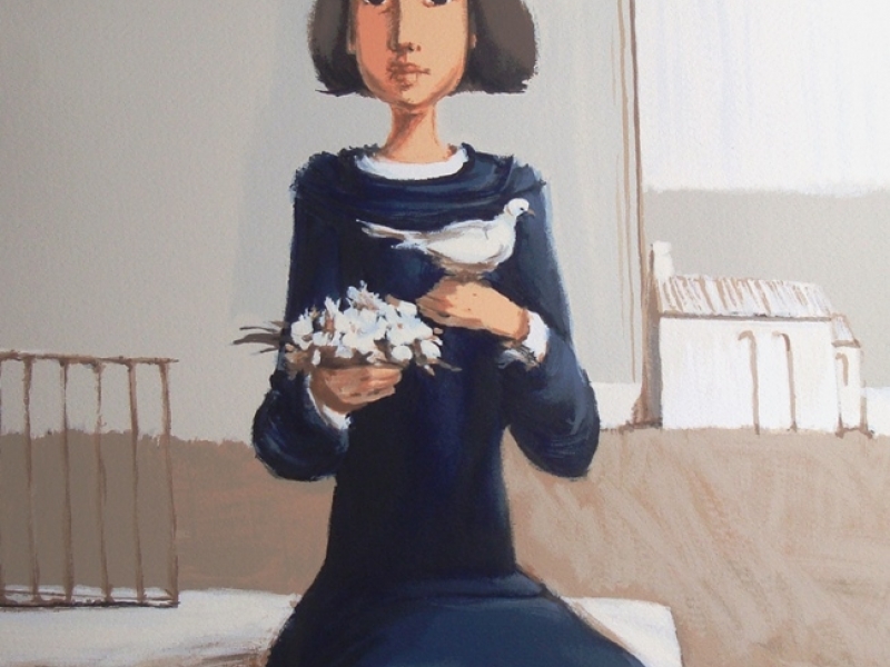 A Girl in blue with a dove