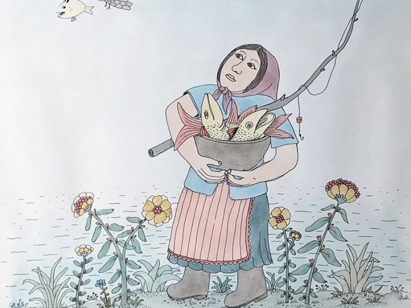 Fisherwoman and bird with fish
