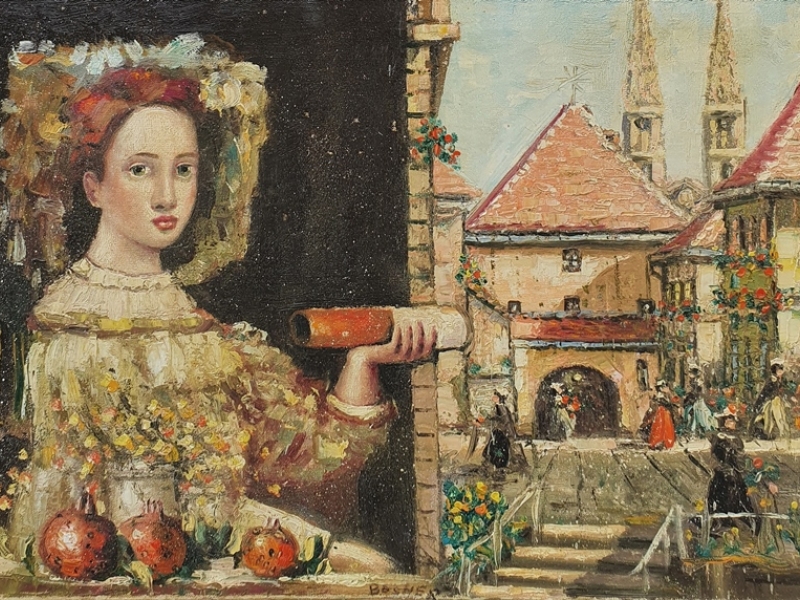 Girl with pomegranate - Stone doors